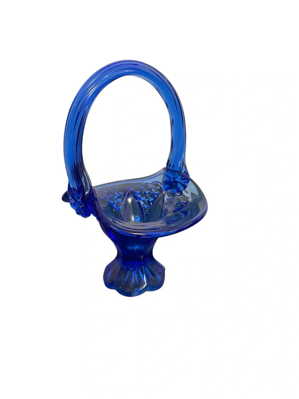 Vintage Fenton Cobalt Blue Pressed Glass Footed Basket Decorative Candy Dish